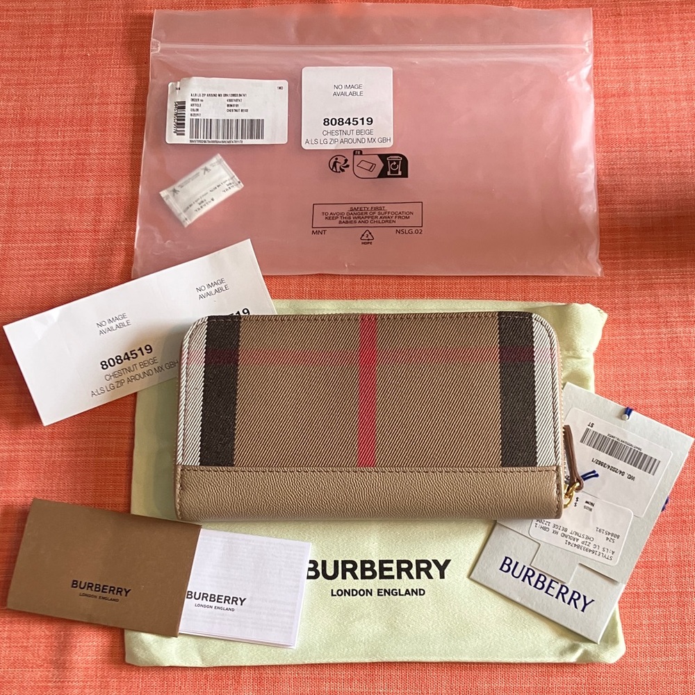 Burberry Tan and Red Zip-Around Wallet